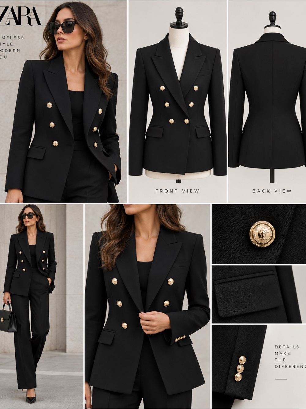 ZARA Black Double-Breasted Blazer with Gold Buttons